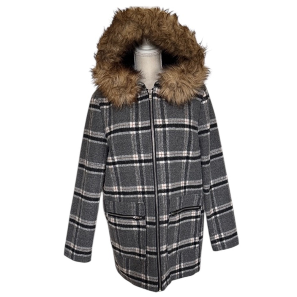 Forever 21 Grays Black Plaid Stripes Coat Faux Fur Trim Hood Lined Pockets Large